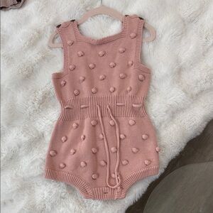 Pink Knit Baby Romper with Pom Poms